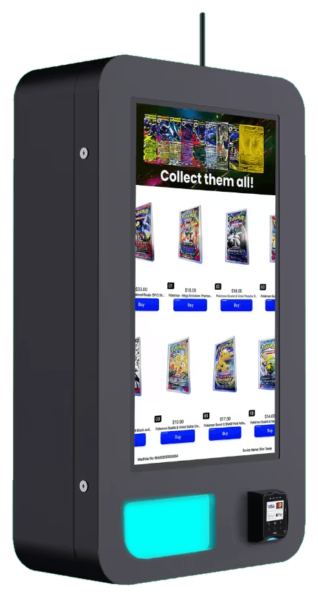 Nile TCG branded trading card vending machine with a 32-inch touchscreen displaying sealed Pokémon products